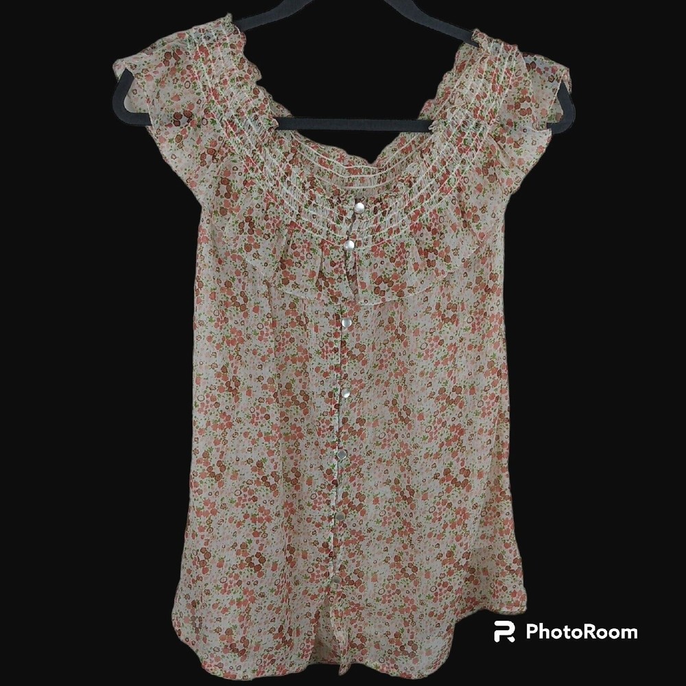 Old Navy Semi Sheer Blouse Womens Size Medium Floral Short Ruffle Sleeve Blouse